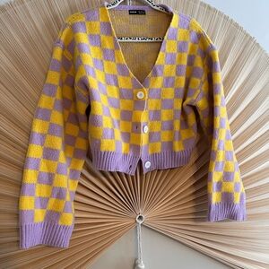 SHEIN Yellow and Purple Checkered cropped Cardigan